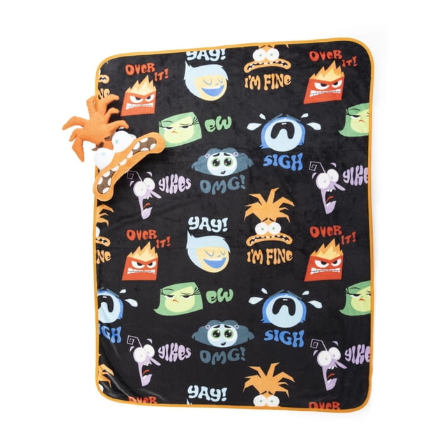 Inside Out 2 Oreiller Nogginz et Couverture Toucher Soie Ensemble Nogginz avec une Couverture de Voyage Noire de 40 par 50 Pouces Mettant en Vedette des Visages et expressions de Personnages Inside Out Colorés, Incluant un Oreiller Nogginz en Forme d'Anxiété avec des Cheveux orange au Coin, Idéal pour la Literie pour Enfants, les Voyages et les Soirées Pyjama.