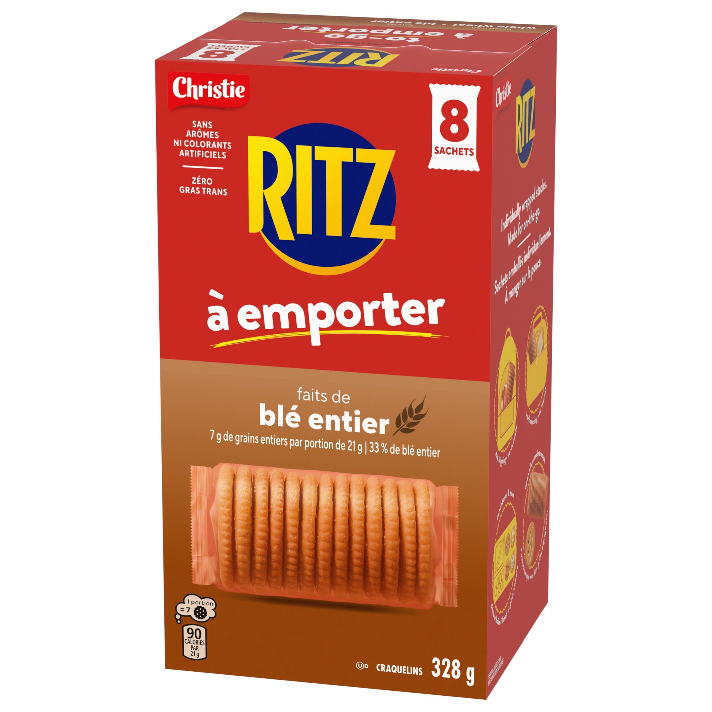 RITZ à Emporter Craquelins Faits de Blé Entier, Lot de 8 Piles de Craquelins Emballées Individuellement, Format Portatif, Collation Pratique à Emporter, Collation pour la Boîte à Lunch & Collation de Voyage 328g
