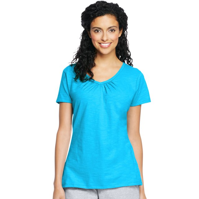 Hanes Maillot Flammé pour Femmes à Col en V Froncé, 2TG, Bleu Process