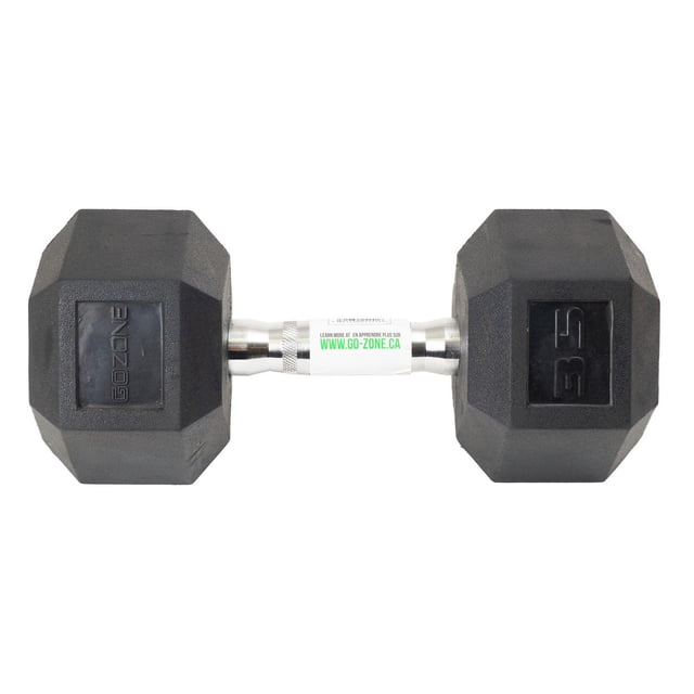 GoZone Rubber-Coated Hex Dumbbell – Black/Chrome with hexagonal black rubber-coated weights and a chrome-plated contoured handle featuring a textured grip and a label with www.go-zone.ca, designed for strength training and protecting floors, also suitable for home gym use.