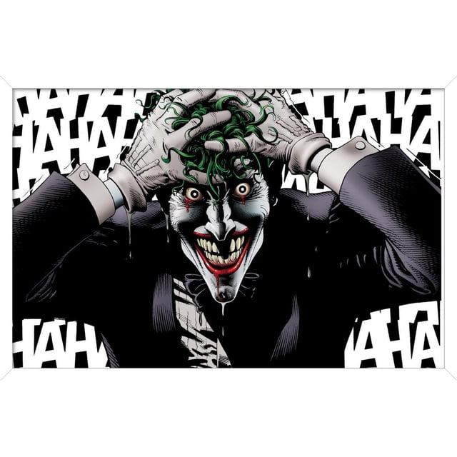 DC Comics - The Joker - Crazy Wall Poster, 22.375" x 34" features a front-facing illustration of the Joker gripping his green hair with white gloves. His white face has red lips, sharp yellow teeth, and wide eyes with red tears, set against a background of repeated black 'HA HA' text. This satin-finish framed wall art is suitable for bedrooms, offices, and dorms.