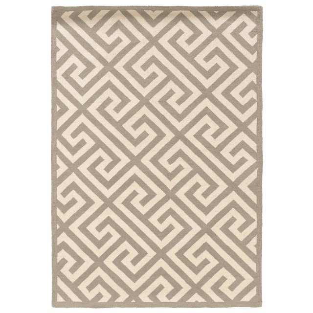 8X10 SILHOUETTE GREE rectangular area rug in gray and white with a hand hooked Greek key pattern, crafted from 100% new wool with cotton and latex backing, suitable for modern accent decor in living spaces.