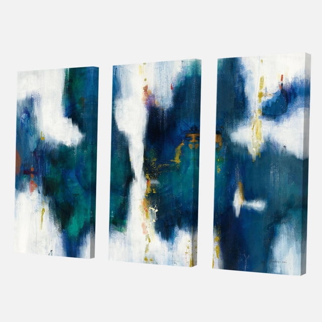 Designart Texture Charmant Bleu I Art Mural sur Toile Est un Triptyque Abstrait Moderne Présentant des Traits de Pinceau Bleus, Sarcelle, Blancs et Dorés sur Toile en Coton de Qualité Supérieure. l'Impression Enveloppée pour Galerie Arrive Prête à Accrocher, Idéale pour Ajouter un Intérêt Visuel Texturé à la Déco de la Maison.