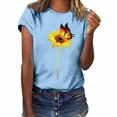 thumbnail image 1 of Blouse Été Manches Courtes T-shirt Court Femmes Manches Rondes Blouse Imprimé Tournesol Col Rond Top, Bleu Clair, XL, 1 of 5