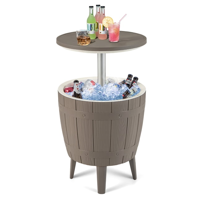 Gymax 10 Gallon Cooler Bar Table with telescopic tabletop in a raised position, functioning as a coffee table, ice bucket, and cocktail table. Made of durable all-weather PP material in brown and white, it resists sunlight and fading, perfect for outdoor use as a patio cooler or beverage tub.