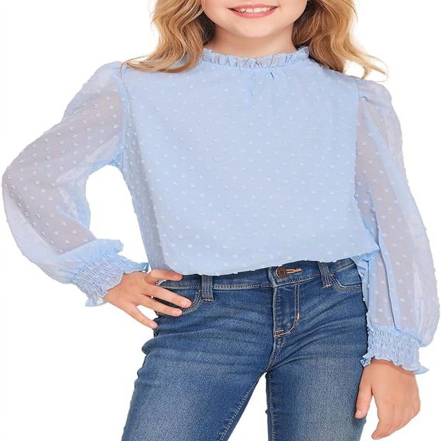 Pull-Over Blanc à Manches Longues pour Filles avec Manches à Volants Pois Suisses Haut Blouse Col Rond 5-12 Ans