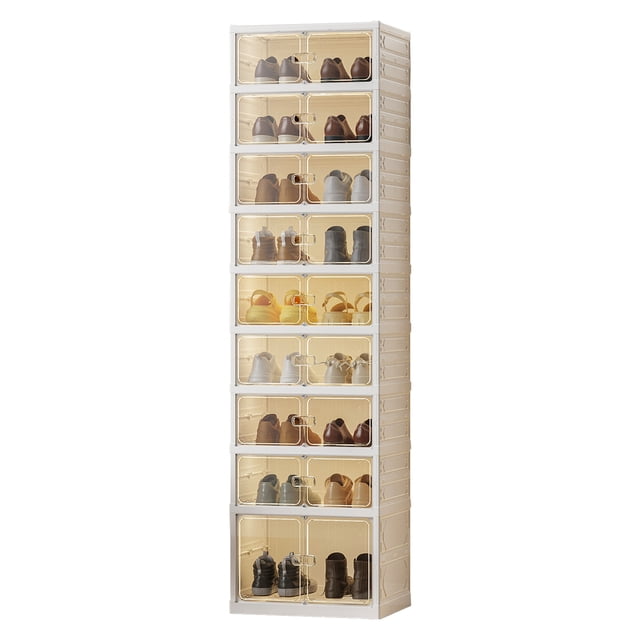 6 Tier Foldable Shoe Rack Organizer for Closet, crafted from durable PP+PS material with a collapsible and stackable design. This shoe rack features six transparent magnetic doors for dustproof storage and easy access. It holds 6-12 pairs of shoes, including long boots, and is suitable for entryways, closets, or bedrooms. Ventilation holes promote air circulation, and the quick assembly design ensures setup in 3-5 minutes.