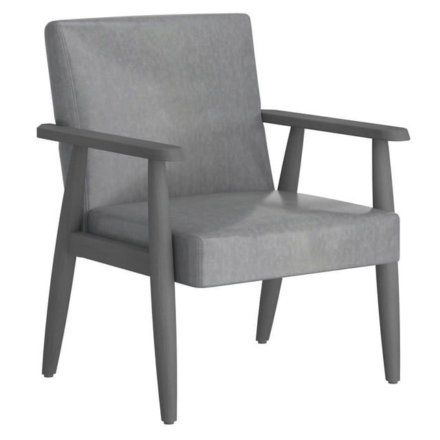 Mid-Century Modern Fabric Accent Chair in Beige featuring textured fabric upholstery and a weathered brown solid rubberwood frame with angled legs and a box seat cushion, shown in a front 3/4 view on a white background, ideal for living room seating or as an accent piece.