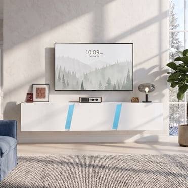 Homy Casa White Wall Mounted TV Cabinet with LED Lights, Floating TV Stand for 65 Inch TVs with 3 Doors and High Gloss Finish