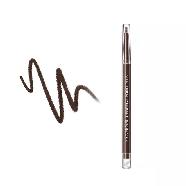 COVERGIRL Perfect Point Plus Eye Pencil in dark brown with micro-fine tip and built-in smudger for precise lines and softer smoky look, showing a dark brown line and smudged effect on white background, suitable for easy application and all-day wear.