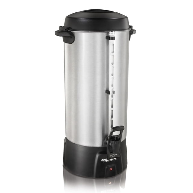 Proctor Silex 100-Cup Coffee Urn with aluminum body and black plastic base and lid, featuring an external water level window, twist-lock lid, cool-touch handles, and a front spigot with press cup handle, designed for large gatherings and keeping coffee warm.