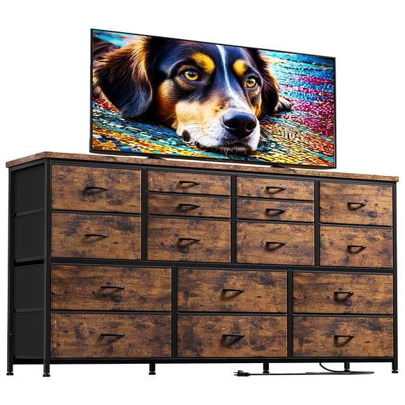 Exenoray 51.1 Inch Dresser for Bedroom, 16 Fabric Drawer Long Dresser, Entertainment Center with Charging Station for 60" TV, Rustic Brown