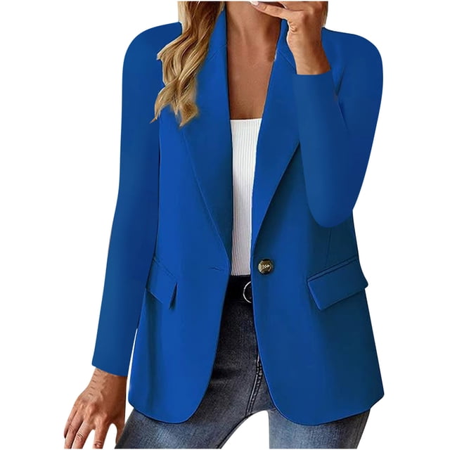 Grrvtrz Womens One Button Blazer Lightweight Office Work Suit Jacket Stretch Lapel Collar Long Sleeve Jacket with Pockets