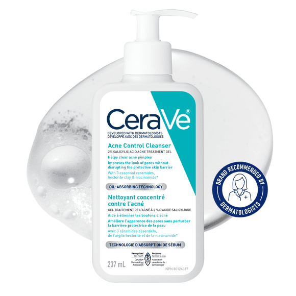 CeraVe Nettoyant Contrôle de l'Acné, Gel avec 2 % d'Acide Salicylique et Argile Purifiante pour Peau Grasse, 237 ml