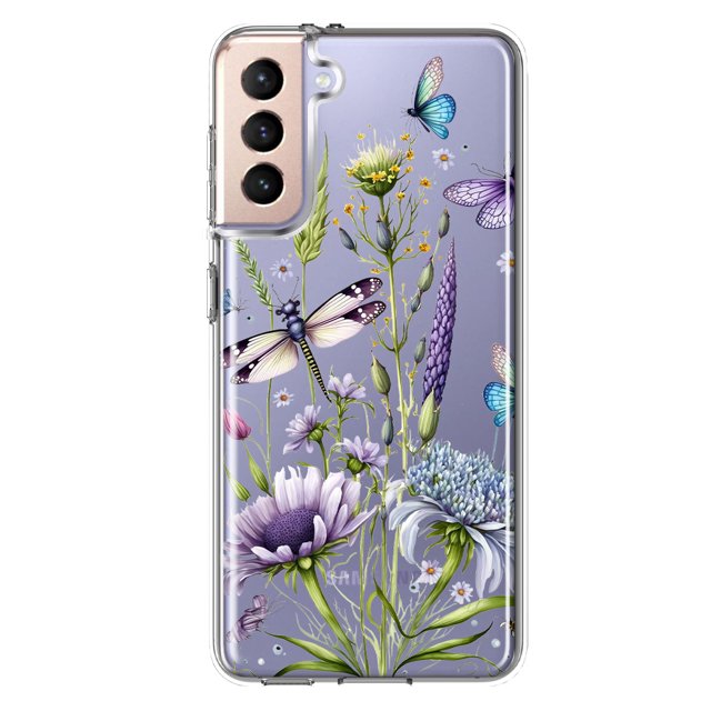 MUNDAZE Samsung Galaxy S22 Plus Shockproof Clear Hybrid Protective Phone Case Lavender Dragonfly Butterflies Spring Flowers Cover