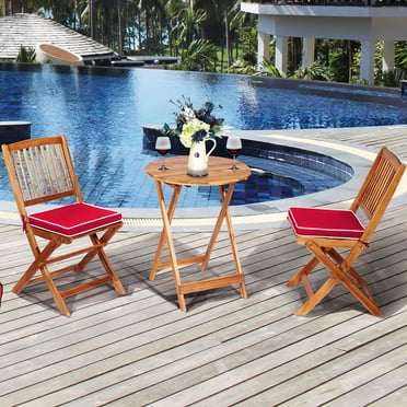 Costway Ensemble Bistro Pliant en Bois pour Patio 3 Pcs Chaise Rembourrée Conversation Jardin Rouge