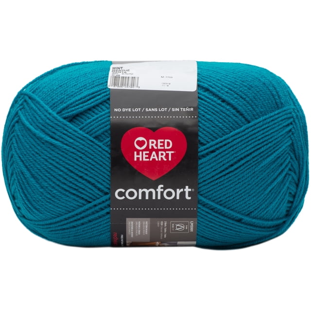 Red Heart® Comfort® Yarn in solid mint acrylic, medium #4 weight, 16oz/454g skein with 867 yards, showing tightly wound yarn strands and the black label with the Red Heart logo and product information, suitable for knitting and crochet projects.
