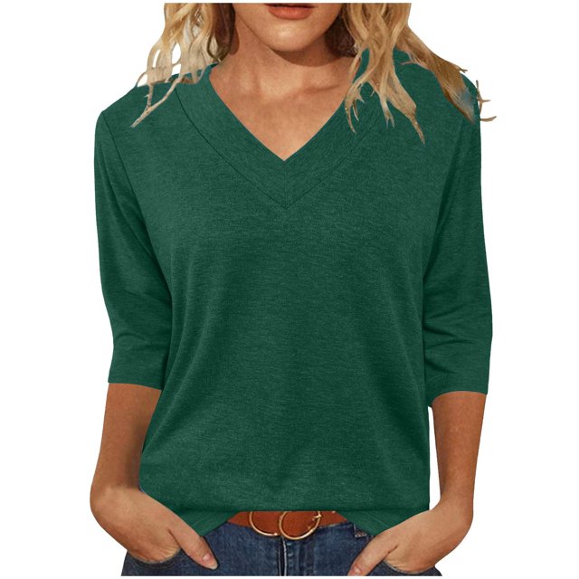 Amzcrzy Hauts pour Femmes Mode Manches 3/4 Hauts d'Été pour Femmes Couleur Unie Col Rond Hauts de Sortie Décontractés Confortables Hauts de Printemps T-Shirts