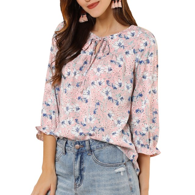 INSPIRE CHIC Women's Tie V Neck Boho Ruffled 3/4 Sleeve Floral Blouse