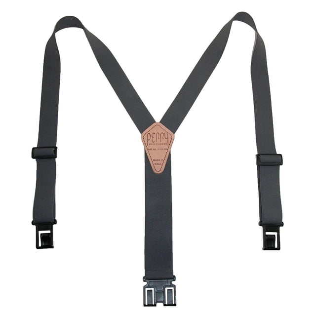 Perry Suspenders Mens Elastic Hook End 1 1/2 Inch Suspenders in grey, designed for tall individuals. These adjustable suspenders feature durable elastic straps, a leather back patch with the Perry logo, and hook ends that securely attach under the belt without damaging pants or furniture. Made in the USA, they provide a comfortable and practical alternative to belts, adjustable between 17 and 34 inches.