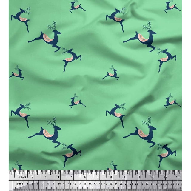 Soimoi Green Rayon Fabric Reindeer Animal Fabric Prints By Yard 42 Inch Wide