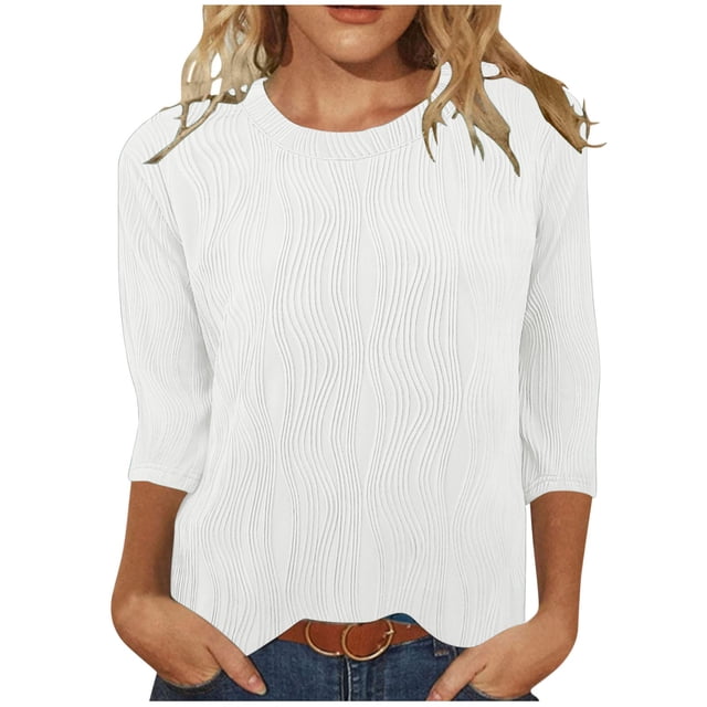 FAIWAD Hauts Texturés pour Femmes Été Chemises à Manches 3/4 Blouse Décontractée à Col Ras du Cou T-Shirts Basiques de Couleur Unie