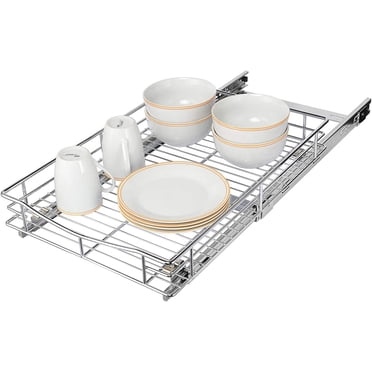 Kitchen Pull Out Cabinet Organizer, 14"W x 21"D x 4"H Under Cabinet Slide Out Sliding Shelf Wire Storage Rack, Chrome