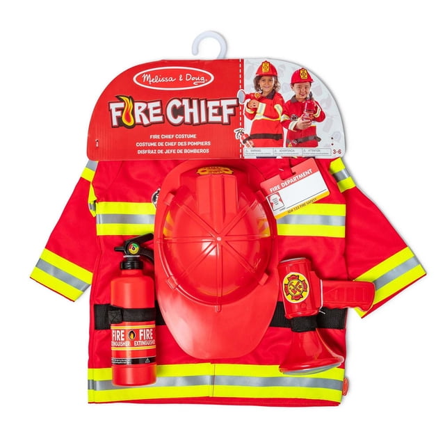 Melissa & Doug Fire Chief Costume Role Play Dress-Up Set with a red jacket featuring yellow reflective stripes, a red fire chief helmet, toy fire extinguisher, bullhorn with sound effects and fire department emblem, and reusable name tag, sized for children 3 to 6.
