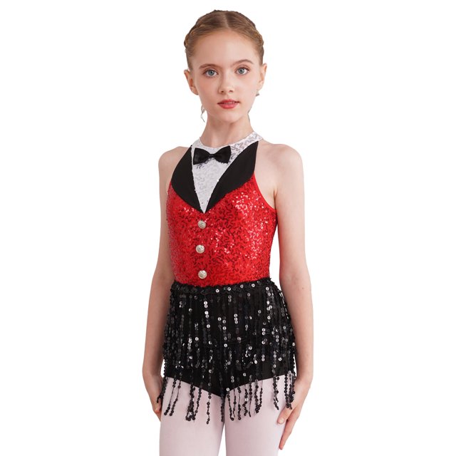 Jizyo Robe de Danse Latine Sans Manches à Paillettes pour Filles, Costume de Fête Jazz Performance Rouge 10