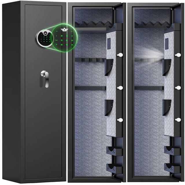 Gun Safe, Quick Access 4-5 Digital Gun Safe designed for secure firearm storage, featuring a black exterior and numeric keypad for quick access. Includes adjustable gun racks, pistol bags, and ammo storage shelves for organized gun storage. Offers three access methods: code and handle, emergency key, and emergency battery box. Dual alarm system triggers for incorrect codes or violent movement. Ideal gun storage solution for homes, with complete accessories like emergency keys, screws, and instruction manual.