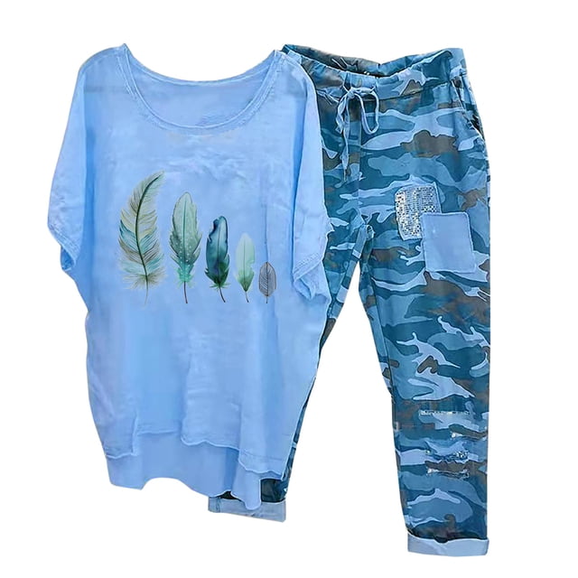 Mikilon Ensemble de Détente Confortable pour Femmes, Tenue d'Intérieur 2 Pcs, Ensemble de Détente Imprimé, Haut à Manches Mi-Longues à Col Rond + Pantalon, Bleu-F m