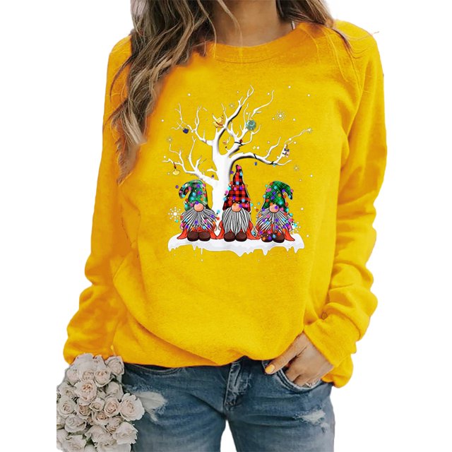 Bellella Pull pour Femmes Col Rond Sweat-Shirts de Noël Imprimé Gnome Sweat-Shirt Chaud à Manches Longues Jaune 2TG