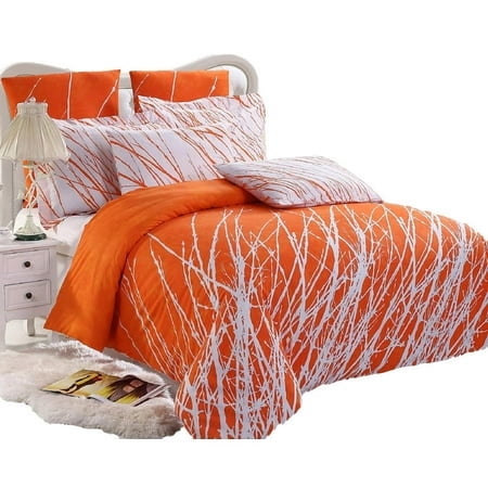 Swanson Beddings Tree Branches 3-Piece 100% Cotton Bedding Set: Duvet Cover and Two Pillow Shams (Orange-White, Queen)