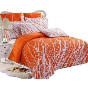 Swanson Beddings Tree Branches 3-Piece 100% Cotton Bedding Set: Duvet Cover and Two Pillow Shams (Orange-White, Queen)