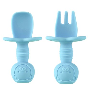 Shisuyan Ensemble de Cuillère et Fourchette pour Bébé en Silicone Bleu pour l'Entraînement à l'Auto-alimentation des Enfants avec Surface Lisse Facile à Nettoyer Tête de Fourchette Ronde Sécuritaire à Utiliser 2 Pcs