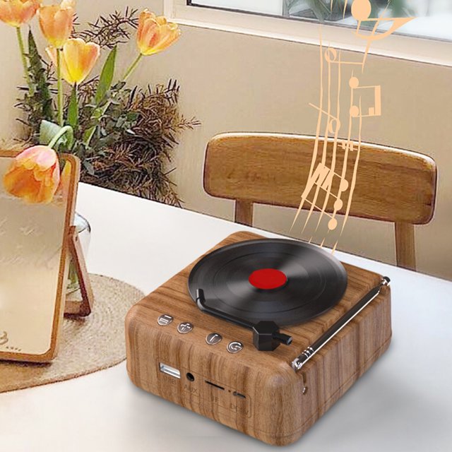 LSLJS Tourne-Disque Sans Fil Bluetooth Son Rétro Créatif Mini Portable Insert de Carte Petit Haut-Parleur Caisson de Basses Cadeau, Audio Bluetooth