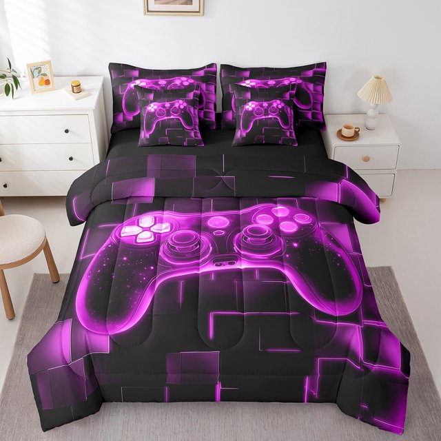 YST 7Pcs Kids Gamer Comforter Set Twin, Gaming Bedding Comforter Set, Video Games Gamepad Bed In A Bag Neon Glowing Square Geometric Grid Purple Bed Sets With Comforter And Sheets