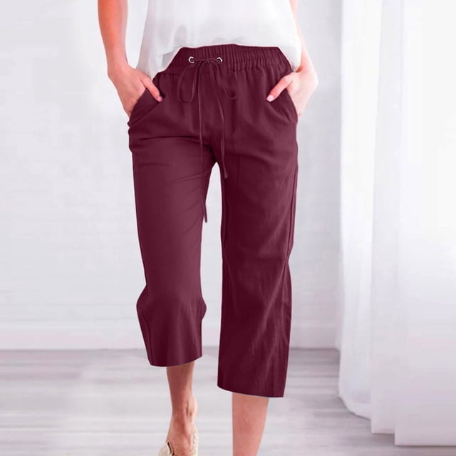 Meichang Women's Wide Leg Capris Pants with Stretchy Waist and Pockets, Solid