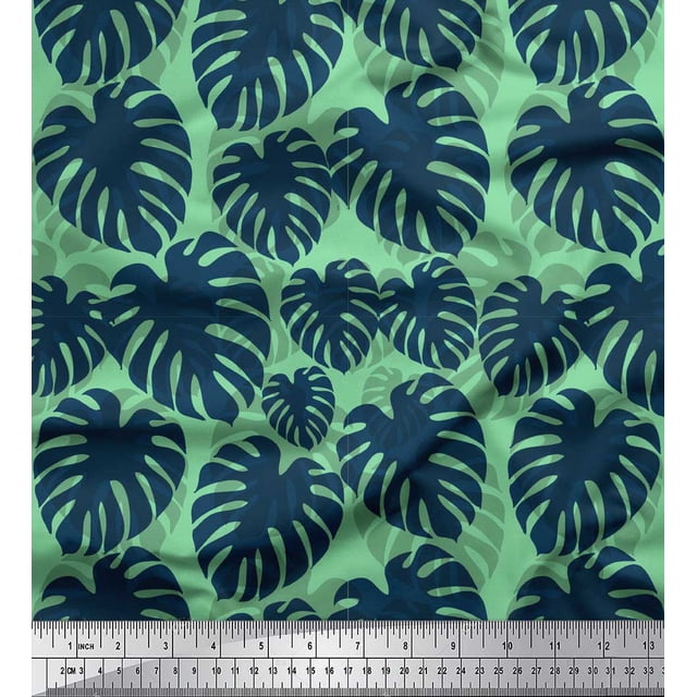 Soimoi Green Poly Georgette Fabric Monstera Leaves Print Fabric by Yard 52 Inch Wide