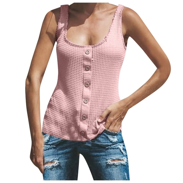 Timegard Plus Size Tank Tops for Women Round Neck Button Sleeveless Tops Casual Solid Color Knit Tee