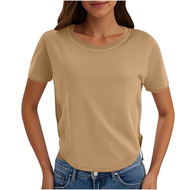 Yuyuzo Crop Tops pour Femmes Manches Courtes Col Rond Tops de Sortie Couleur Unie Tees Tops