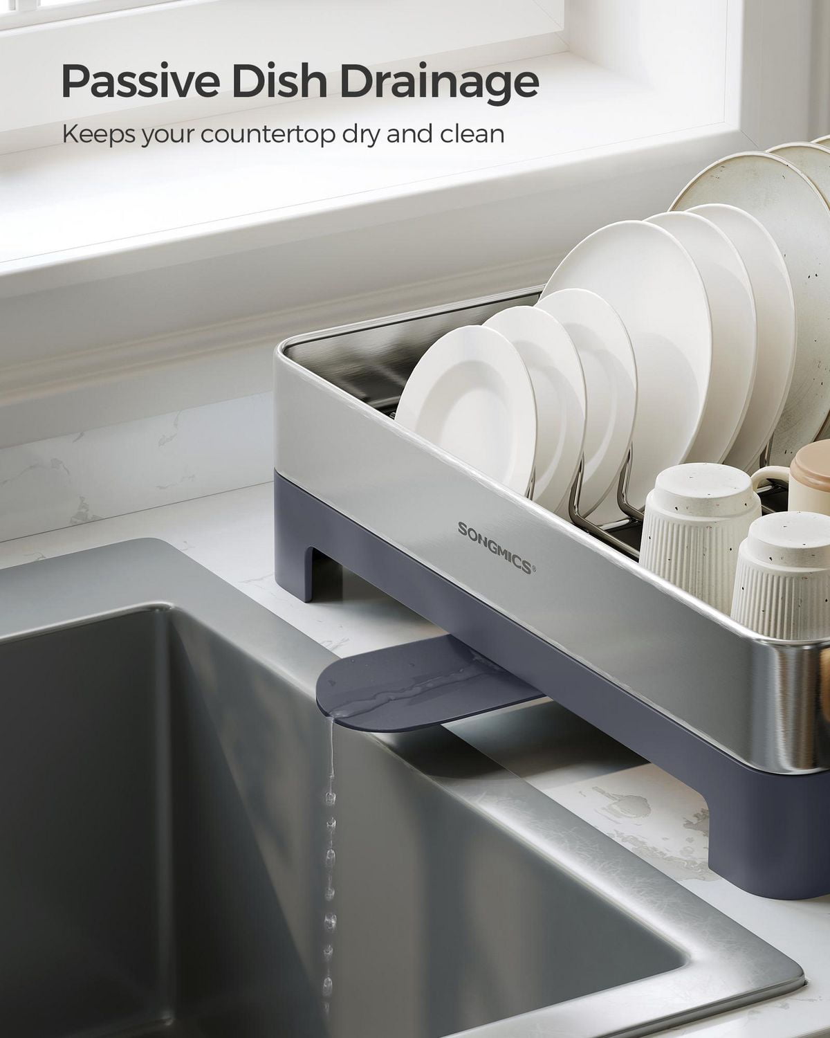 Songmics Home - Small Stainless Steel Dish Drying Rack Drain, Utensil Holder, Silver and Black