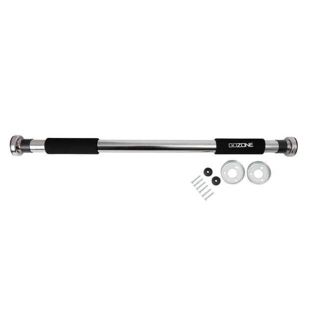 GoZone Pull-Up Bar – Silver/Black tension bar made of durable steel with padded nonslip hand grips, including mounting brackets, screws, and rubber washers, designed for easy doorframe installation to support upper body workouts at home or on the go.