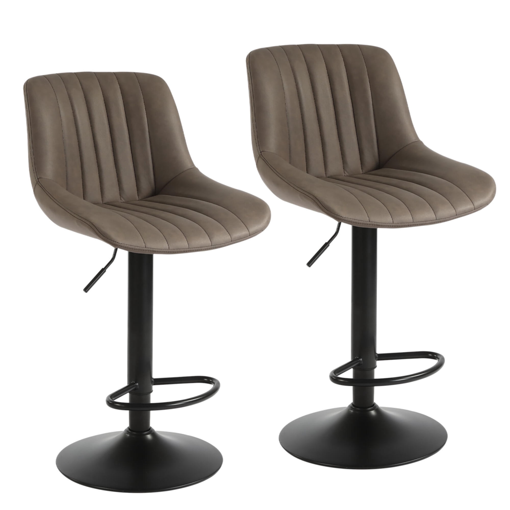 PU Leather Modern Bar Stools Set of 2, Adjustable Swivel Counter Height Barstools with Back and Footrest, Armless Kitchen Island Stool Dining Chairs, Sturdy Base Dia 41cm, Brown