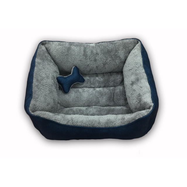 Vibrant Life Lit pour Chien Câlin Moyen avec Jouet, Rectangulaire avec Coussins Surélevés, Extérieur en faux Lin Bleu Marine, Coussin Intérieur en Peluche Gris Doux et Coussins, Comprend un Jouet Bleu Marine en Forme d'Os, Convient au Confort du Chien et Est Souvent Utilisé comme un Lieu de Repos Douillet.