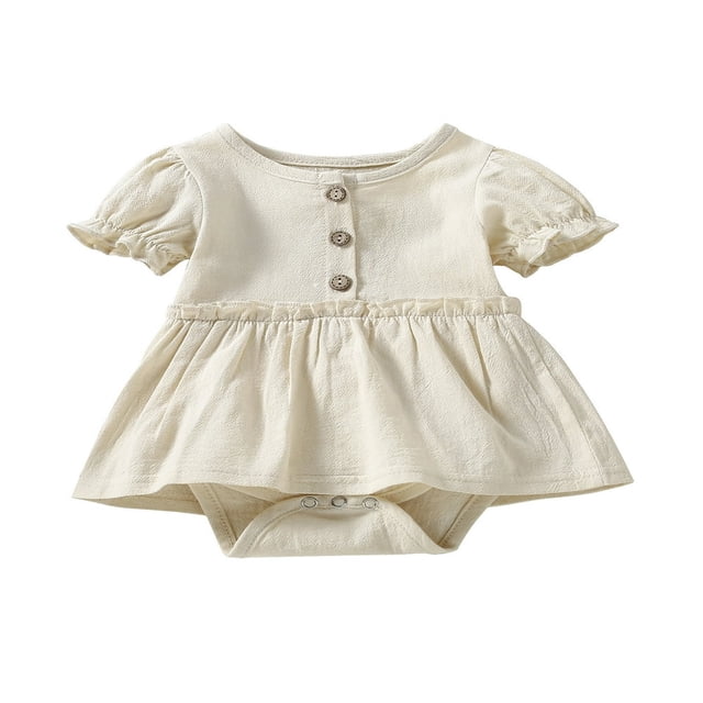 MesaSe Newborn Girl Short Sleeve Romper Solid Color Button Neck Patchwork Dress Style Playsuit Bodysuit