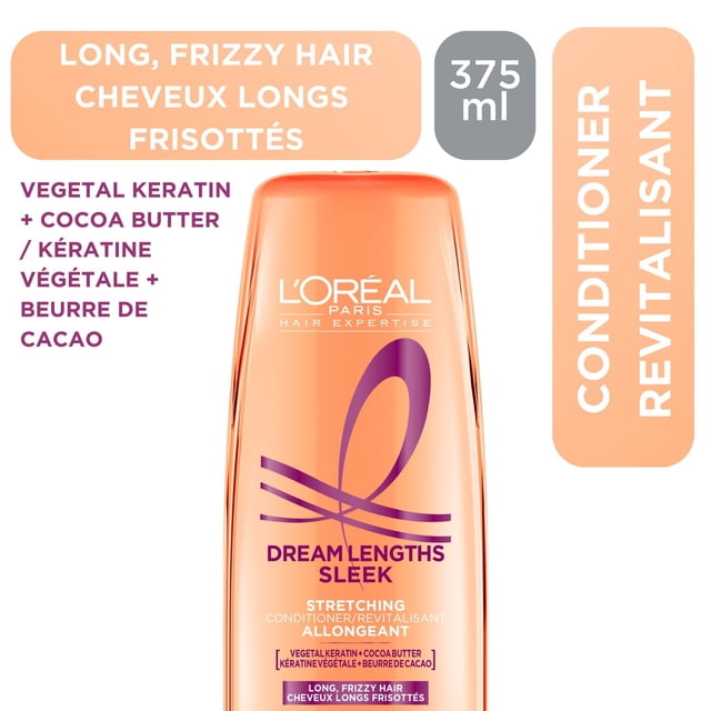 Dream Lengths Sleek Stretching Conditioner 375 ml by L'Oréal Paris, an orange bottle with purple and white text, enriched with vegetal keratin and cocoa butter, formulated for long, frizzy hair to reduce frizz and nourish, ideal as a revitalizing conditioner.