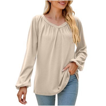 CEHVOM T-shirt Mode Femme Col en V Plissé Manches Longues Ample Liquidation