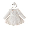 thumbnail image 1 of Besolor Baby Girl Outfit Toddler Ribbed Knit Long Sleeve Mesh Romper Dress with Bow Headband Fall Spring Clothes, 1 of 7