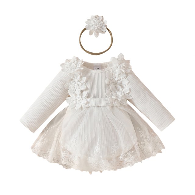 Besolor Baby Girl Outfit Toddler Ribbed Knit Long Sleeve Mesh Romper Dress with Bow Headband Fall Spring Clothes
